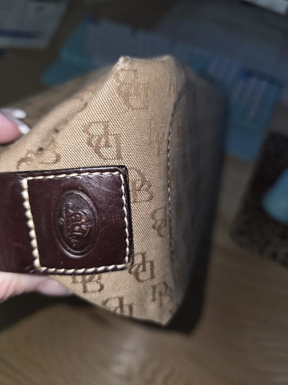 Dooney & Bourke Tan Monogram Tote with Brown Leather Trim